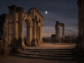 Ancient stone ruins illuminated by a crescent moon and stars at night showcasing majestic arches and weathered columns