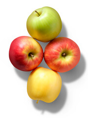 A close up shot of four apples stacked on each other against a black background on transparent background