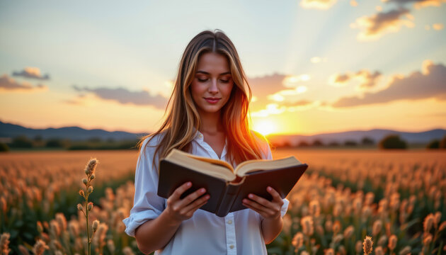 Christian woman praying at sunset in a field spiritual reflection nature's beauty peaceful environment
