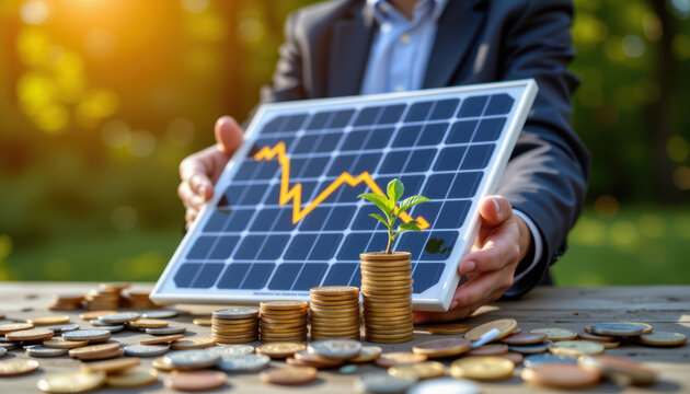 Investment ideas and solar energy trends outdoor workspace financial growth nature close-up environmental sustainability