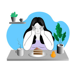 Sad woman on diet looking at cake with tears