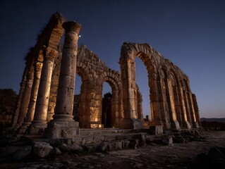 Ancient stone ruins illuminated at night under a starry sky showcasing massive columns and arches