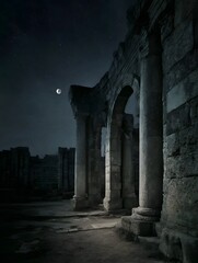 Ancient stone ruins bathed in moonlight under a vast starry night sky
