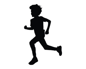 Silhouette of a young boy running with energy and enthusiasm, isolated on white background, symbolizing childhood freedom and activity