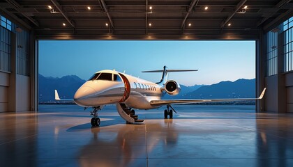 Private jet sits in hangar with open doors revealing mountain vista. Luxury aircraft awaits passengers for travel journey. Exclusive transport ready for flight.