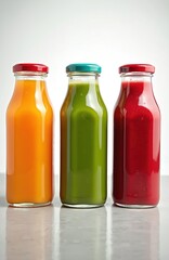 Three glass bottles hold orange, green, red juices. Fresh organic drinks stand in a row. Healthy fruit veggie beverages provide natural vitamins for a balanced diet and wellness. This blend is good.