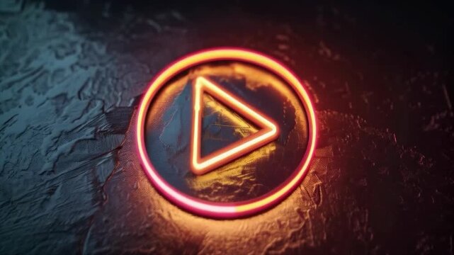 The glowing red play button on a textured surface emphasizes modern design and technological sophistication. Useful for articles about multimedia, entertainment, innovation, new product presentations,