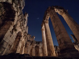 Ancient stone ruins with towering columns and arches under a starry night sky illuminated to reveal weathered textures