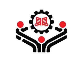 Logo design featuring a gear, book, and people isolated. Vector illustration.