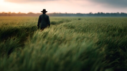 Fototapeta premium A lone farmer walks through a lush field during a serene sunrise