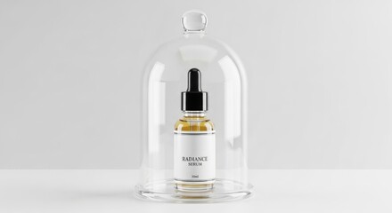 Glass dome protecting amber liquid serum bottle with black dropper and white label skincare