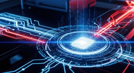 Glowing Blue and Red Circuit Board with Central Processor and Data Streams technology computer chip