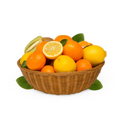 A basket filled with oranges lemons and kiwi fruit on a black background view on transparent background