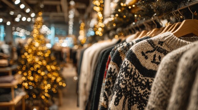Christmas winter jumpsuits hanging on a chest for sale inside a store with Christmas decorations