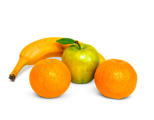 A still life of a banana an apple and two oranges against a black background on transparent background