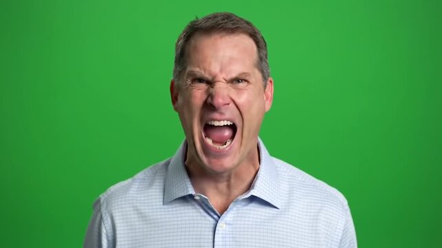 Angry man shouting with intense expression on green screen background