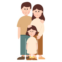Flat cartoon vector illustration of a happy family with father, mother and daughter. Parenting and love concept in minimal flat design, perfect for lifestyle and relationship themes.