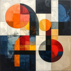 Geometric abstract composition of circles, squares, and diverse colored blocks