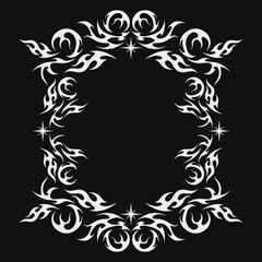 Neo tribal flame frame design. Stylish neo tribal flame frame design with white fire shapes on black background. Perfect for tattoo frame, poster border, or modern decorative artwork.