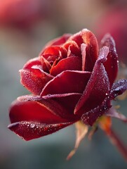 A close up ro view of a vibrant red rose covered in glistening dew drops