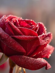 A vibrant dew kissed red rose unfurls its velvety petals in soft morning light