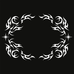 Neo tribal flame frame design. Stylish neo tribal flame frame design with white fire shapes on black background. Perfect for tattoo frame, poster border, or modern decorative artwork.
