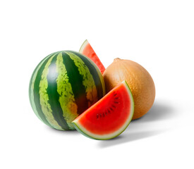 A whole watermelon with slices and a melon on a solid black background view on transparent background