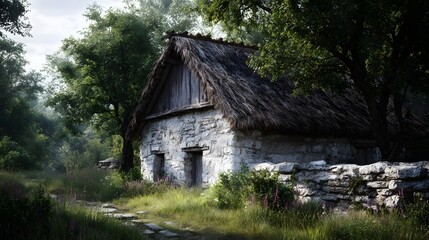 Obraz premium A rustic stone cottage with a thatched roof is nestled in a lush green forest bathed in soft natural light