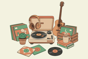 A cozy vintage still life scene featuring a vinyl record player, headphones, guitar, books, and warm tones perfect for retro and relaxation themes.