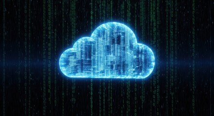 Glowing blue digital cloud formed from circuit board patterns against a background of falling green binary code