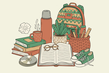 Study Desk with Books, Plants, and Backpack