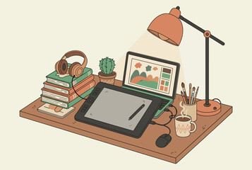 Digital Artist Workspace with Tablet and Lamp