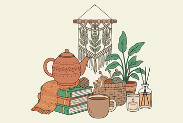 Cozy Boho Tea Scene with Macrame and Plants