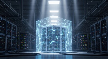 Glowing blue digital data cube encloses servers in a dark data center server room technology