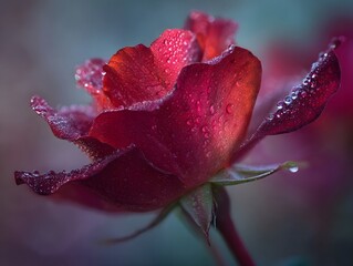A close up ro view of a vibrant red rose with dewdrops glistening on its delicate petals