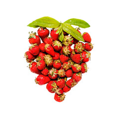 A heap of fresh strawberries with green leaves isolated on a black background on transparent background