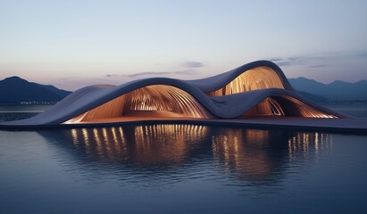 A floating pavilion concept design with an undulating roof made from flowing fabric situated over water with mountain reflections at dusk