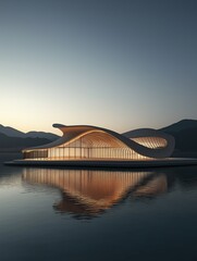 A modern minimalist theater building on the water with white metal walls a large curved wood roof and glass windows against mountain backdrop at sunset