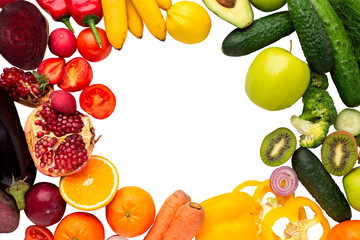 A colorful array of fresh fruits and vegetables arranged around a dark space on transparent background