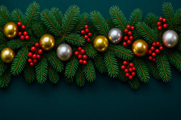 Fototapeta premium Christmas border with pine branches, gold and silver ornaments, and red berries on a dark green background. Festive holiday season