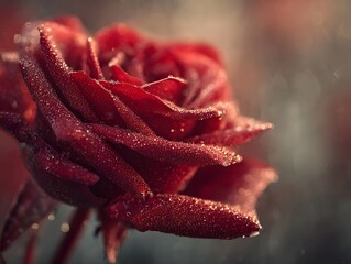 Close up ro photograph of a vibrant red rose with delicate petals covered in sparkling dew drops highlighting its natural beauty