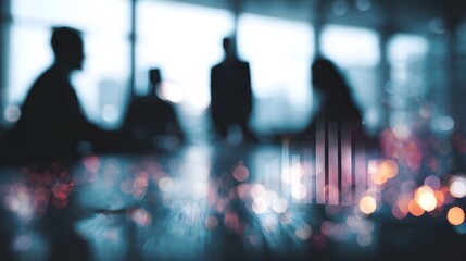 Silhouettes of business people in a modern conference room overlaid with bokeh lights and financial charts