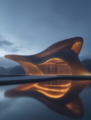 An architectural style with undulating lines glowing in the dark night sky illuminated by warm lights and reflected on water surfaces below with curved wood walls