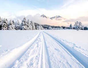 Winter landscape with snowy tracks