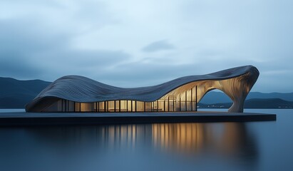A wooden building with delicate texture featuring curved walls and arched doors illuminated by warm lights reflected on water surfaces below
