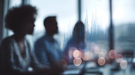 Blurred professionals in a business meeting overlaid with financial charts and bokeh lights