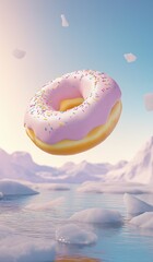A pink doughnut with sprinkles floating in the air surrounded by icebergs and snowy mountains against a light blue sky background