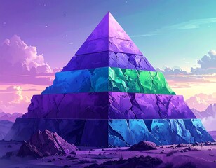 A towering, multicolored pyramidal structure with stylized, stone-like layers against a vibrant, pastel sunset sky. Rocky landscape