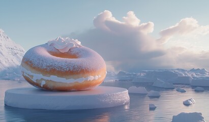 A giant donut with white frosting on an iceberg in the arctic surrounded by icy waters and a vast winter landscape