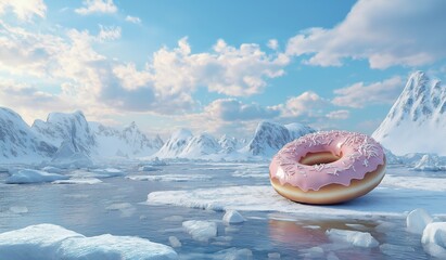 A pink doughnut with sprinkles on top placed in the center of an icy landscape with snow covered mountains and frozen water bodies under a clear blue sky